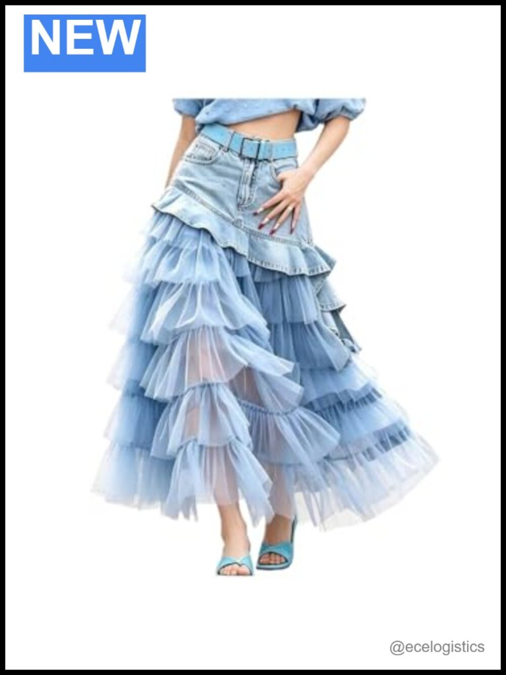 Y2K Denim Tulle Layered Maxi Skirt High Waist A-Line Ruffled